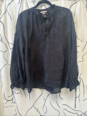H&M Trend  Embroidered Tie-Neck Blouse